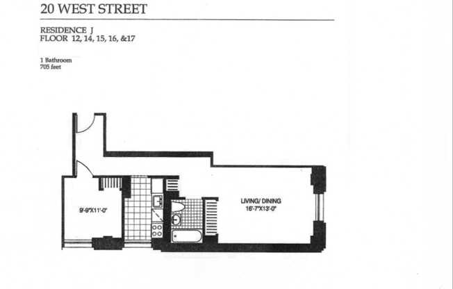 1 bed, 1 bath, 705 sqft, $3,600, Unit 16-J