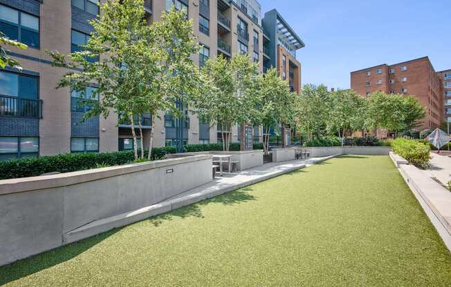 A grassy area in front of a building with trees.