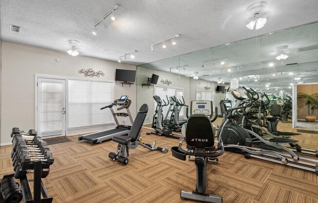 A gym with a variety of equipment including weights and cardio machines.