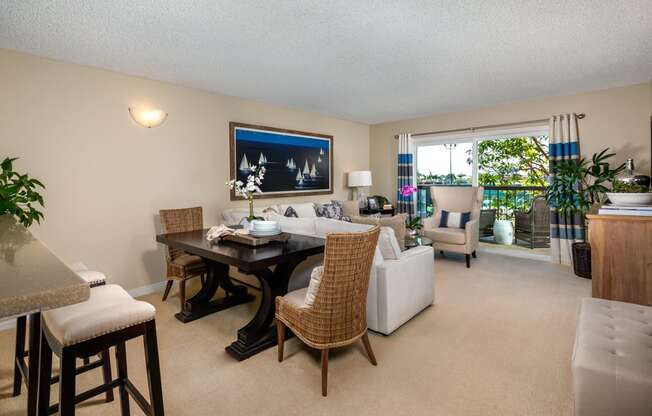 a living room and dining room with a couch and a table