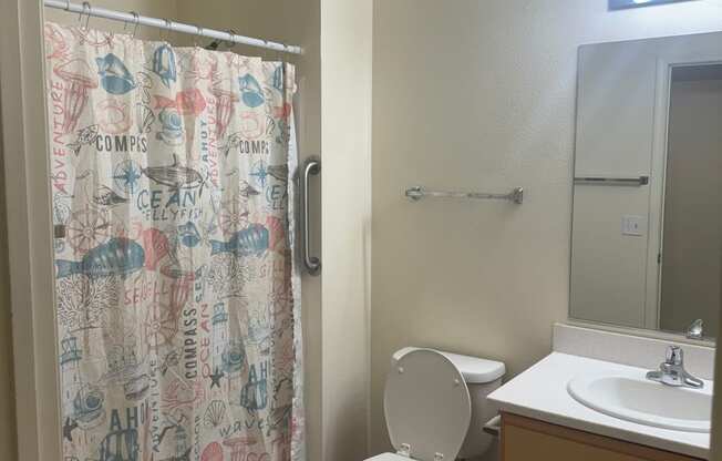 a bathroom with a shower toilet and sink