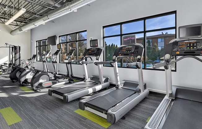 a row of treadmills and elliptical trainers in a fitness room