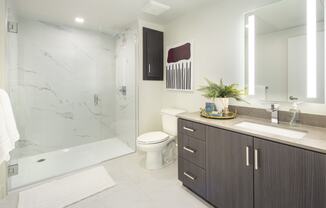 Renovated Bathrooms With Quartz Counters at The Q Topanga, Woodland Hills