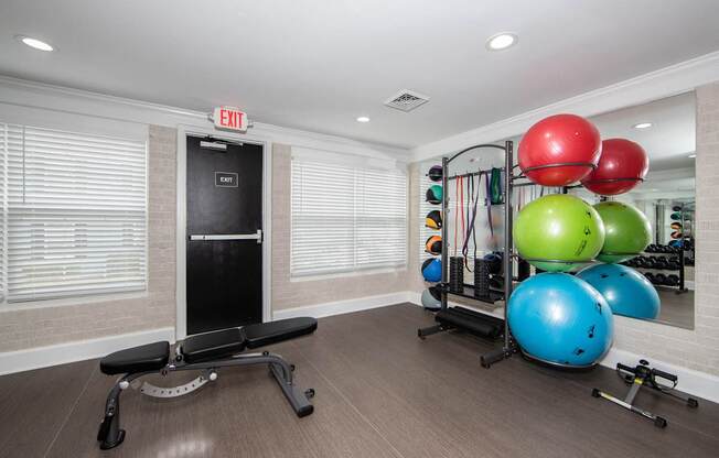 A gym with a bench, weights, and a mirror.