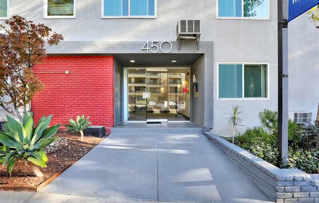 The front of a building with the number 450 on it.