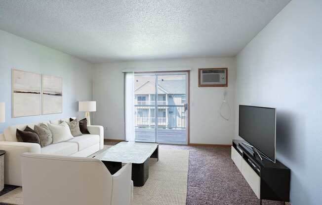 A living room with a white couch and a flat screen TV. Fargo, ND Stonebridge Apartments