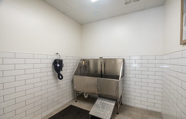 Pet wash room with white tiled walls and pet spa station at Sylvan Uptown, Denver, CO, 80203