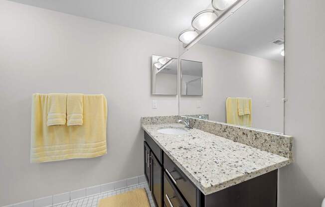 Modern bathroom with large vanity mirror and tub/shower at Lakeside Village Apartments in Clinton Township, MI