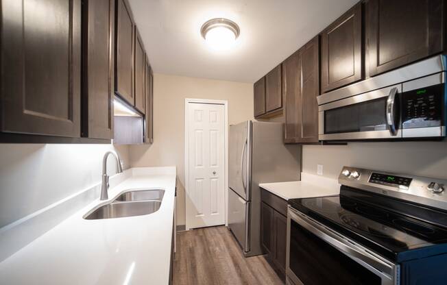 Renovated kitchen with stainless appliances and quartz countertops