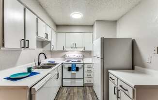 the preserve at ballantyne commons apartment kitchen with white cabinets and appliances