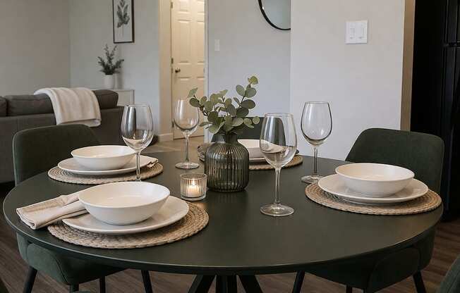 A dining table set with plates, glasses, and a vase of flowers.