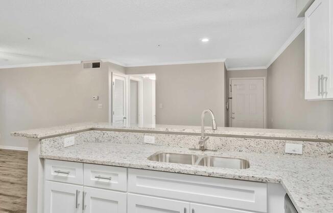 A modern kitchen with a granite countertop featuring a double sink. The kitchen has white cabinets and an open layout leading to a neutral-colored living space. The walls are light, and there is a door in the background, indicating an entryway. Natural light illuminates the area.