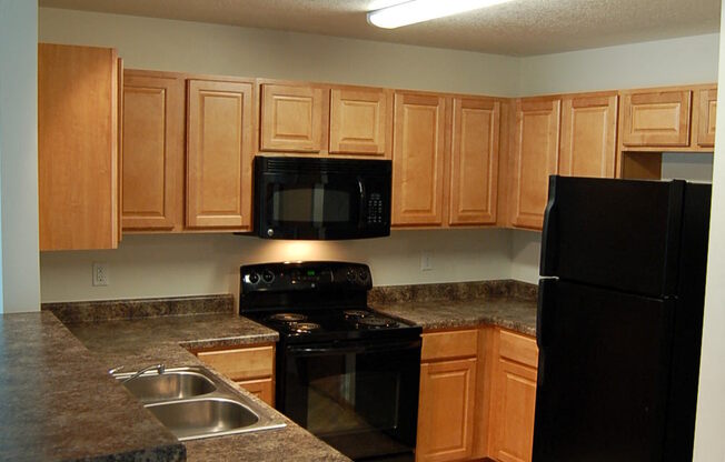 a kitchen with wood cabinets and black appliances,a kitchen with wood cabinets and black appliances