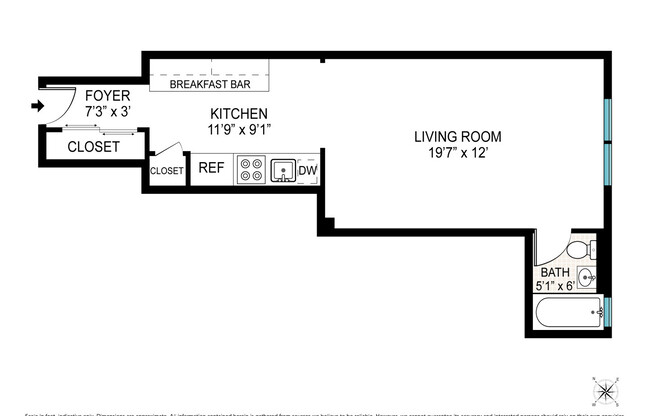 Studio, 1 bath, 422 sqft, $2,900, Unit 4L