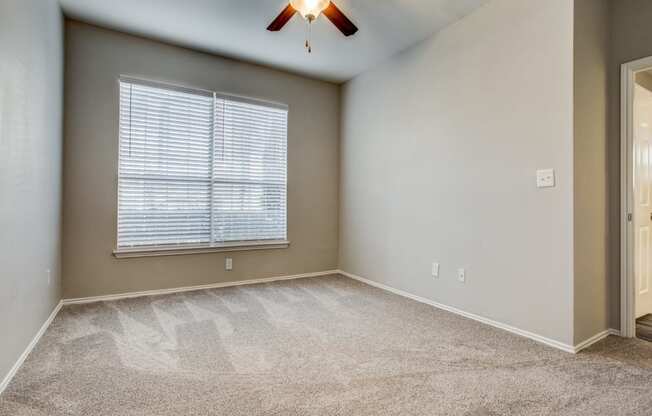 Apartments for Rent in Plano TX - Carrington Park - Bedroom with Carpeting, Beige Walls, and Large Window