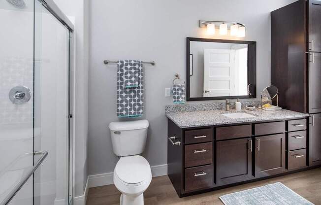 A bathroom with a toilet, sink, and mirror.