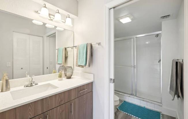 A bathroom with a white sink and a mirror above it.
