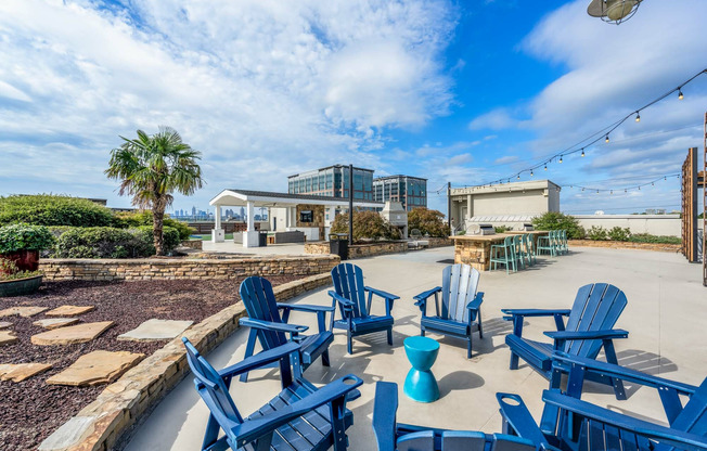 Community sitting area on pool pavilion on sunny day