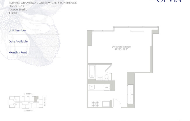 1 bed, 1 bath, 508 sqft, $3,675, Unit 8D