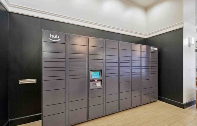 a large set of lockers in a lobby of a building