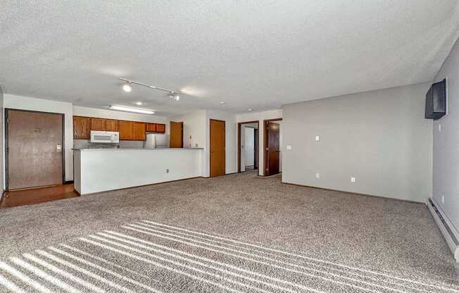 an empty living room with a kitchen and a rug