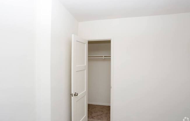 A white door is open to a small closet.