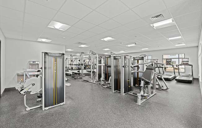 a large fitness room filled with cardio machines and weights