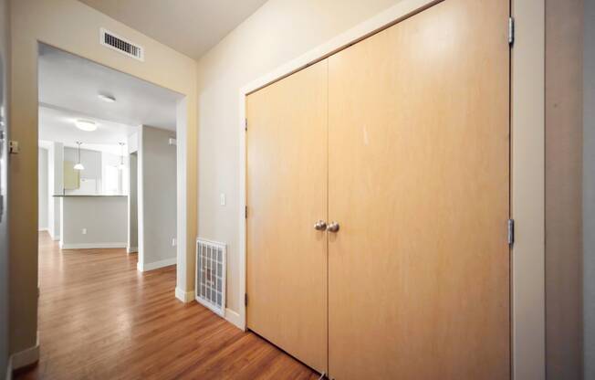 a closet in a living room with a hard wood floor