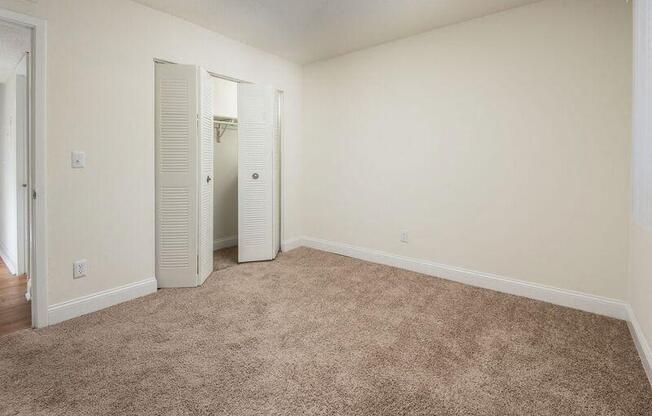 an empty room with carpet and a closet