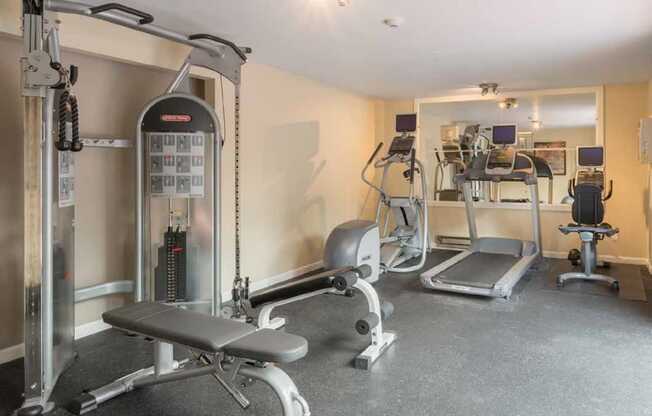 a gym with weights and cardio equipment in a home gym at Quartz Creek, Mountlake Terrace