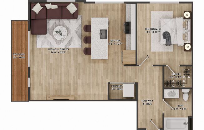 1 bed, 1 bath, 791 sqft, $2,200, Unit 418