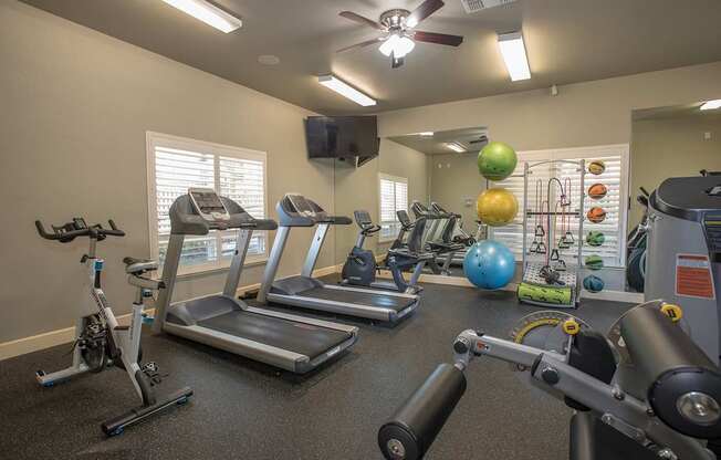 A gym with treadmills, elliptical machines, and exercise balls.