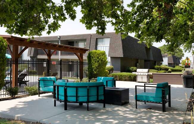 A park with a bench and a table.