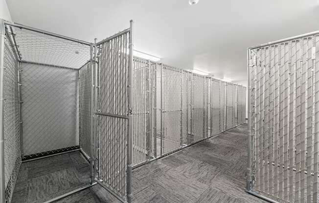 a row of metal cages in a white room