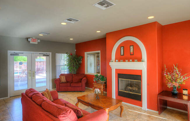 Living Room with Fireplace at San Bellino Apartments, Arizona