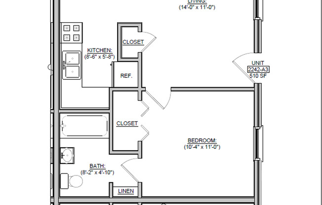 1 bed, 1 bath, 510 sqft, $850, Unit IV B-07