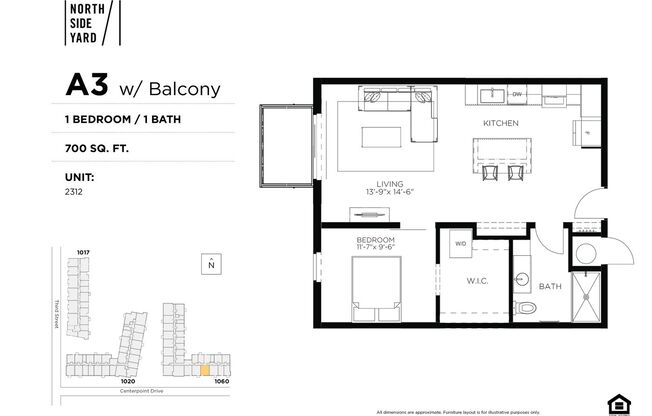 1 bed, 1 bath, 700 sqft, $1,450, Unit 2312