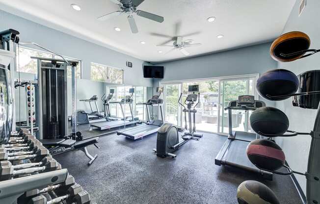 a gym with cardio machines and weights and a ceiling fan