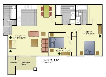 2 beds, 2 baths, 1,176 sqft, $1,650