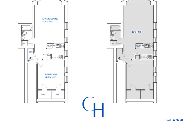 1 bed, 1 bath, 686 sqft, $1,869, Unit B-208