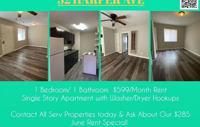 1 Bedroom Apartment with washer/dryer hookups!