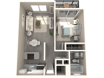 A 3D floor plan of a small apartment with a kitchen, living room, and bathroom.