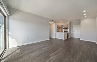 Boulevard on Wilshire Living Room with Kitchen and Entrance View