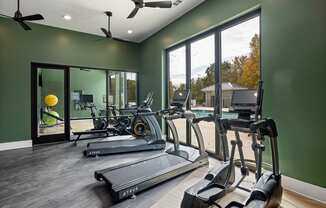 A gym with treadmills, elliptical machines, and a fan.