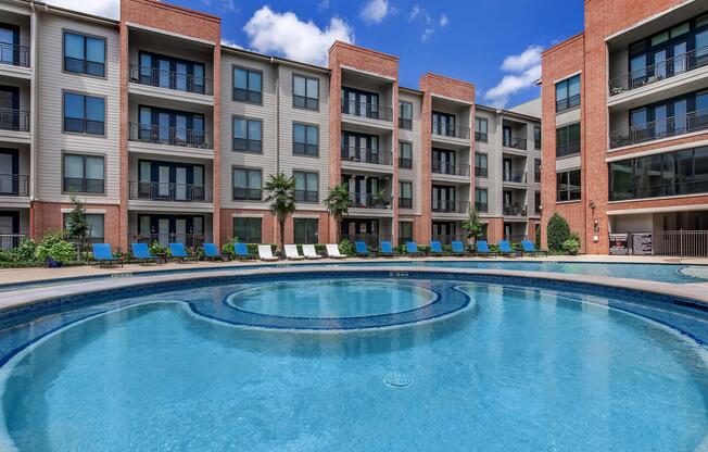 a pool of water in front of a building