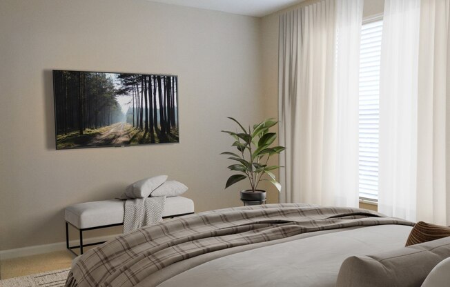 a bedroom with a bed and a painting on the wall