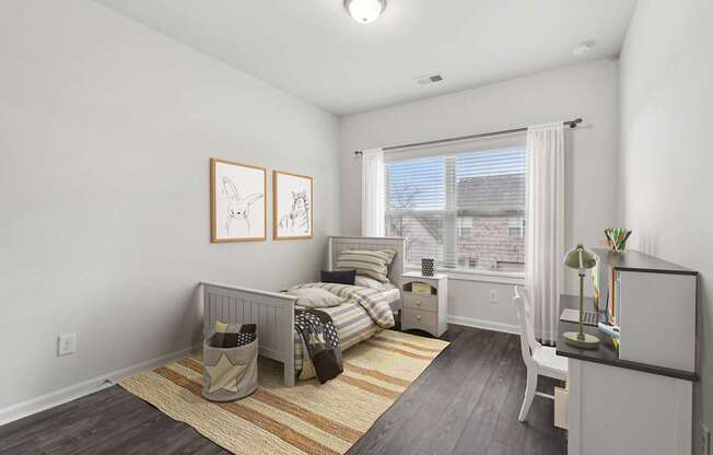 A bedroom with a bed, nightstand, and chair.