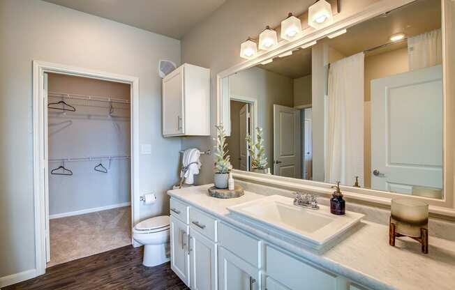 a bathroom with a large mirror