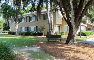 Exterior of buildings with grass and trees and a bench under a tree.