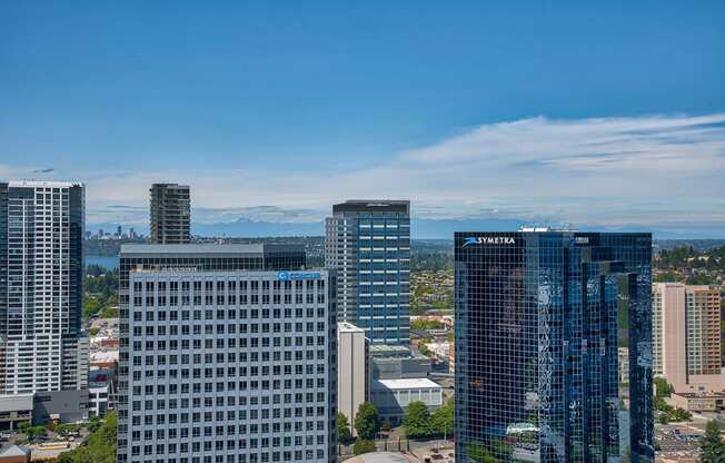 Skyline, mountain, and water views from penthouse at The Bravern, Bellevue, WA